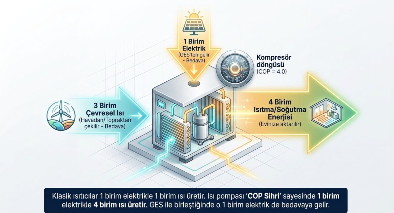 Isi pompasi COP enerji carpani: 1 birim elektrik 3 birim cevresel isi ile 4 birim isitma